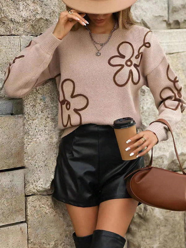 Women's Floral Crewneck Long Sleeve Oversized Knit Sweater