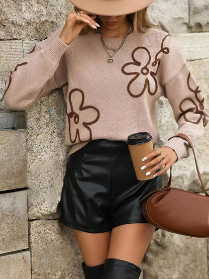 Women's Floral Crewneck Long Sleeve Oversized Knit Sweater