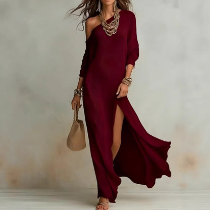 Women's One Shoulder Long Sleeve Side Slit Knit Maxi Dress