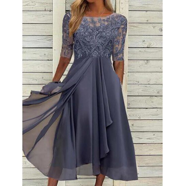 Women's Lace Chiffon Wedding Guest Midi Dress