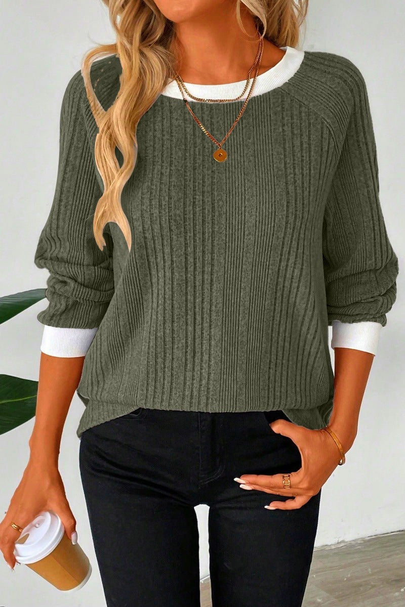 Women's Ribbed Crew Neck Long Sleeve Pullover Sweater