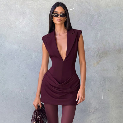 Sleeveless Deep V Blazer Ruched Bodycon Mini Dress