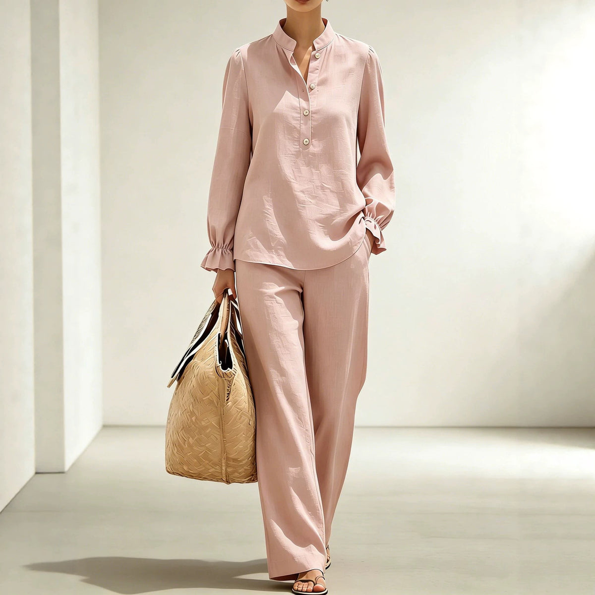 Women's Puff Sleeve Blouse Wide Leg Pants Matching Set