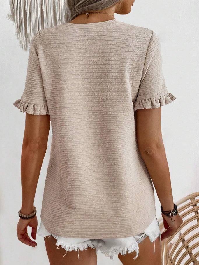 Women’s Ruffle Sleeve Textured Round Neck Casual Top