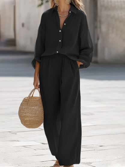 Women's Cotton 2 Piece Set Button Down Shirt Wide Leg Pants