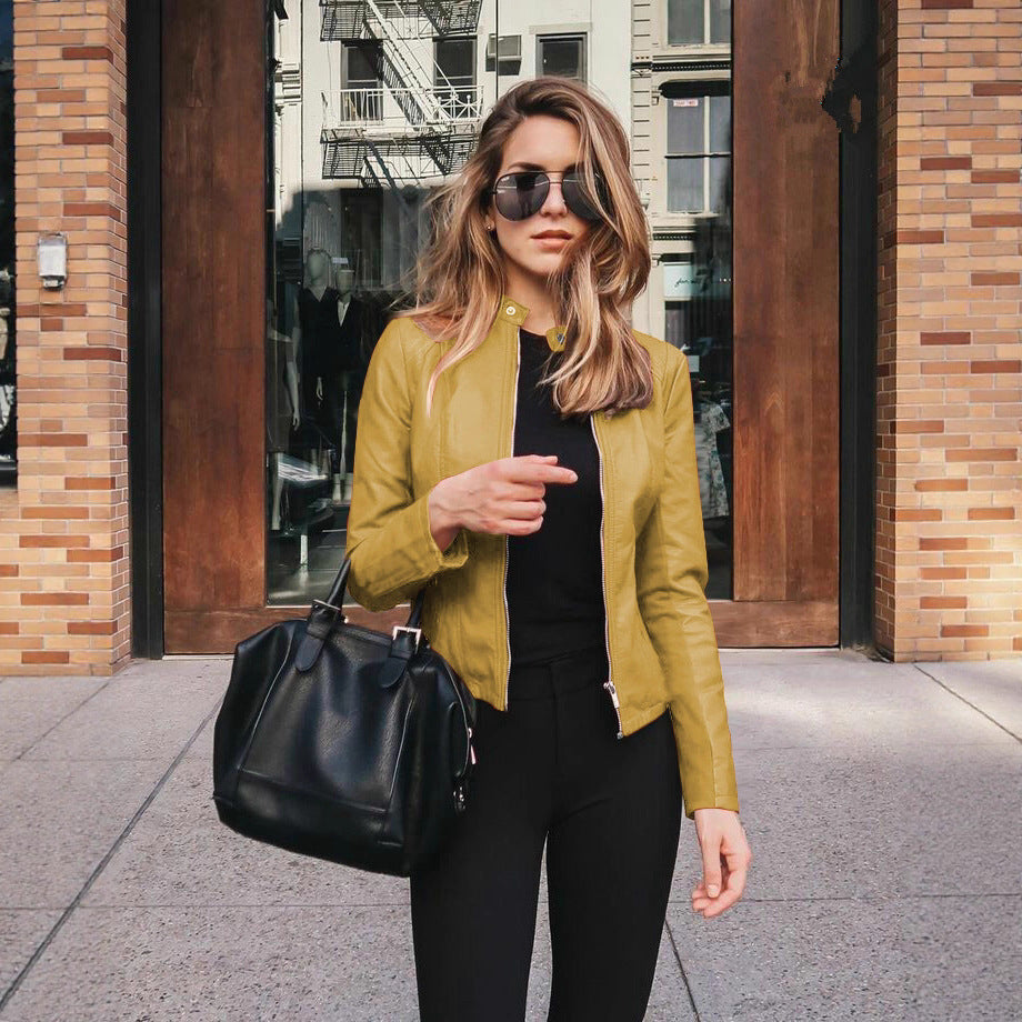 Women's Faux Leather Zip-Up Blazer Slim Fit Jacket