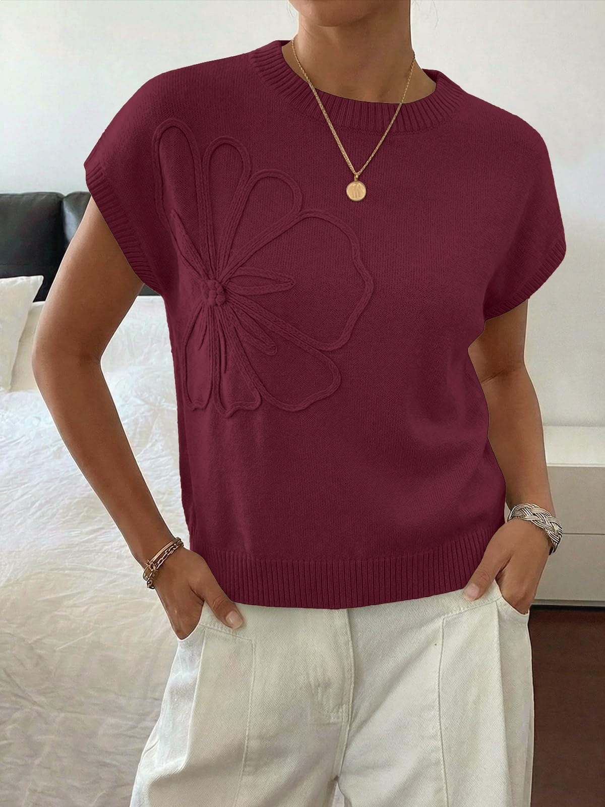Floral Knit Sweater Short Sleeve Textured Summer Top