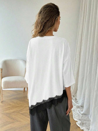 Lace Trim T Shirt Loose Fit Short Sleeve Top
