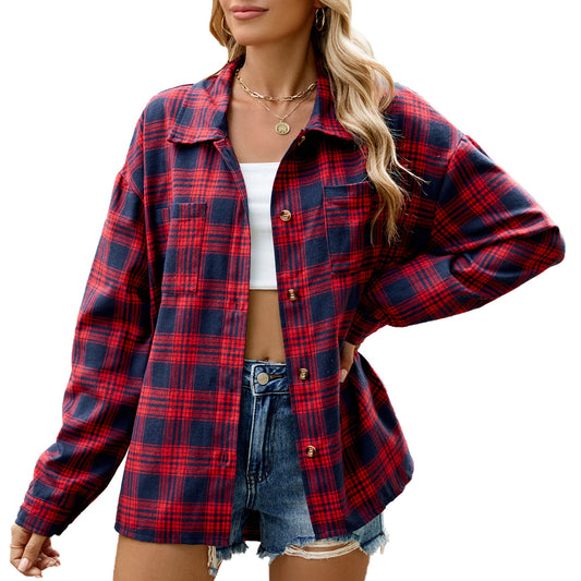 Women's Oversized Plaid Shacket Long Sleeve Button Down