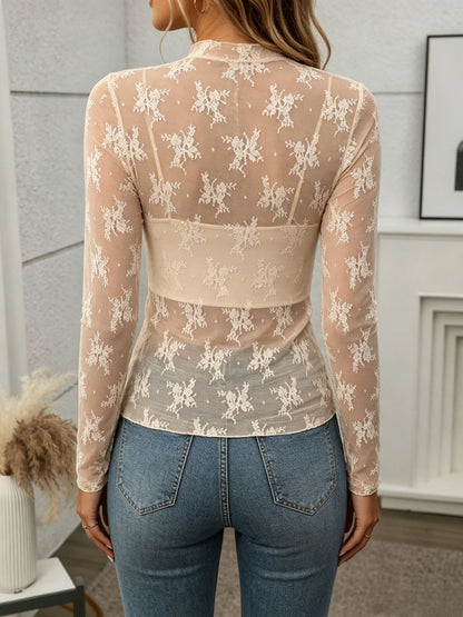 Mesh Lace Sheer Top Slim Fit Y2K Long Sleeve Blouse