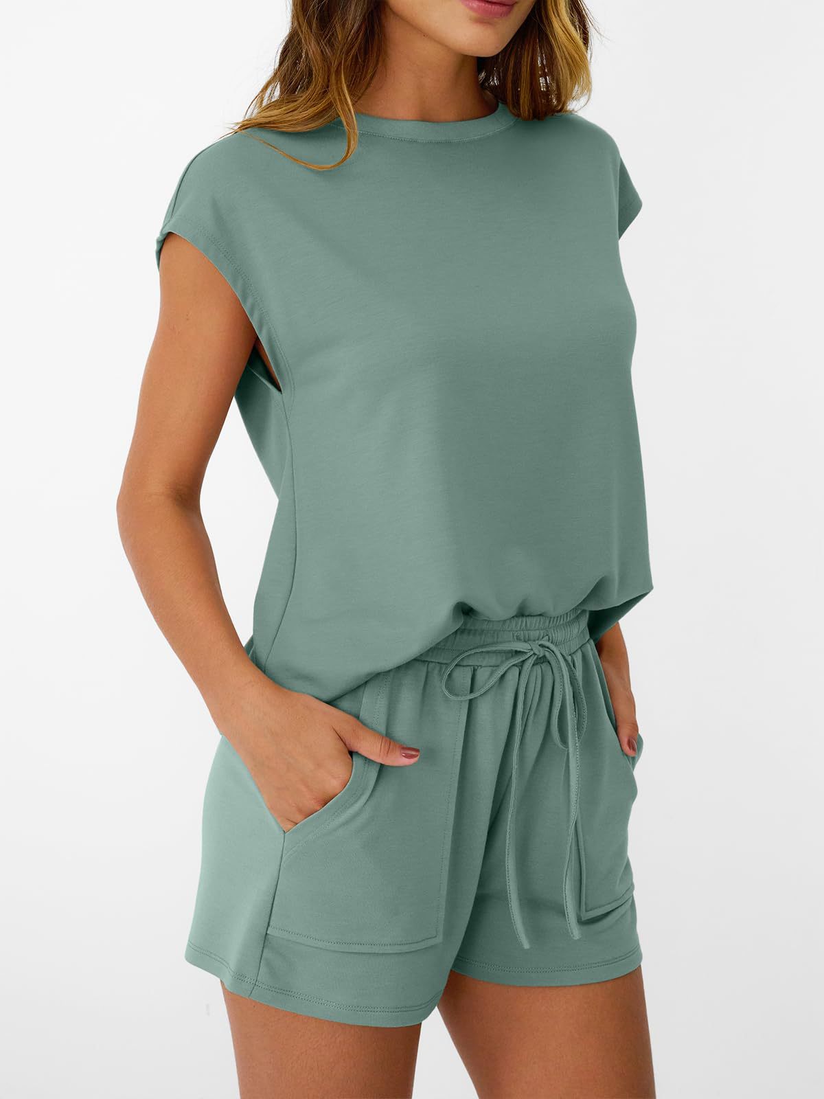 Solid Knit Shorts Set Crew Neck Pocket Lounge Outfit