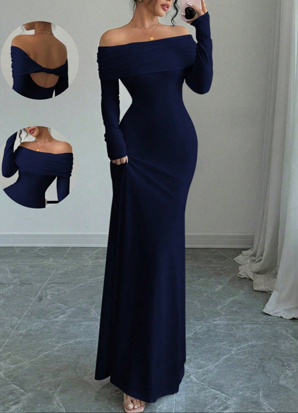 Off Shoulder Cutout Back Ruched Bodycon Maxi Dress