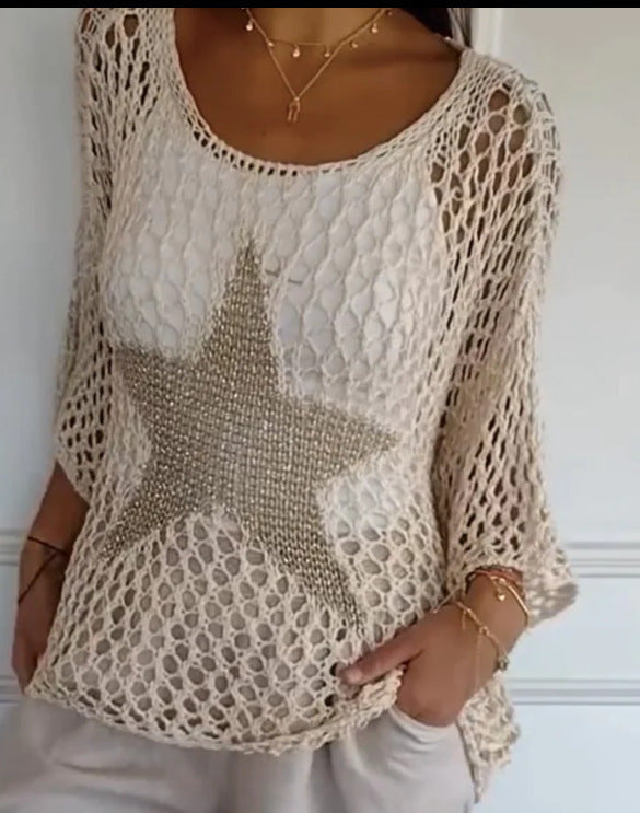 Women's Star Crochet Sweater 3/4 Sleeve Lightweight Top