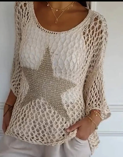 Women's Star Crochet Sweater 3/4 Sleeve Lightweight Top