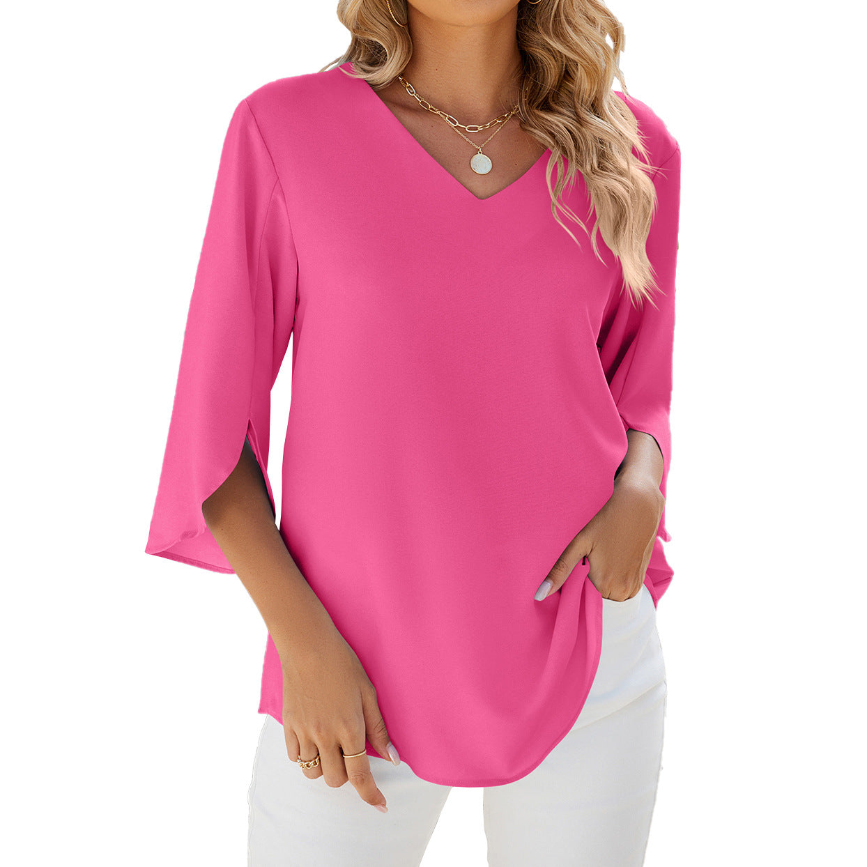 Solid Chiffon Blouse V Neck Loose Fit Custom Top