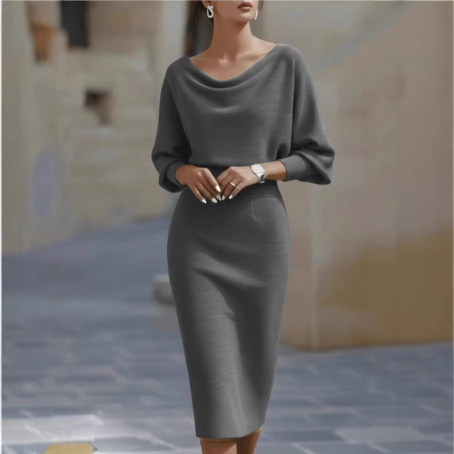 Cowl Neck Batwing Sleeve Ribbed Midi Sweater Dress