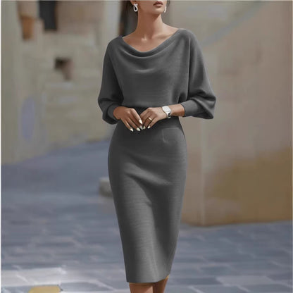 Cowl Neck Batwing Sleeve Ribbed Midi Sweater Dress