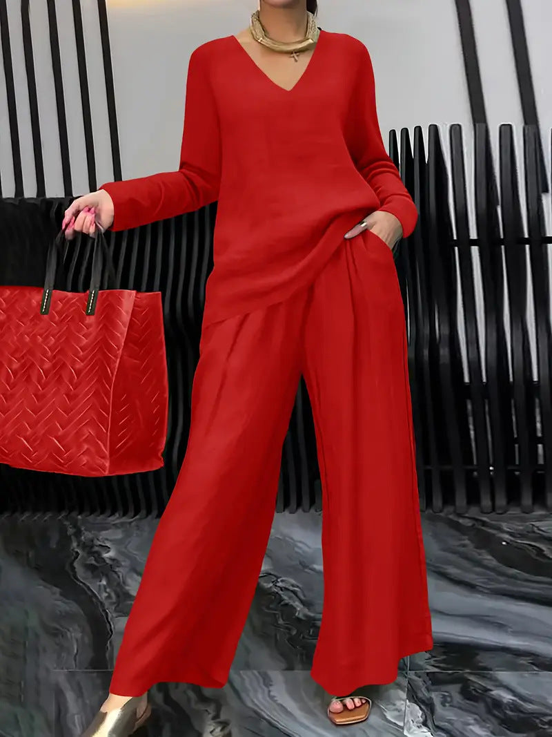 Women's Casual V Neck Wide Leg Pants Matching Set Plus Size