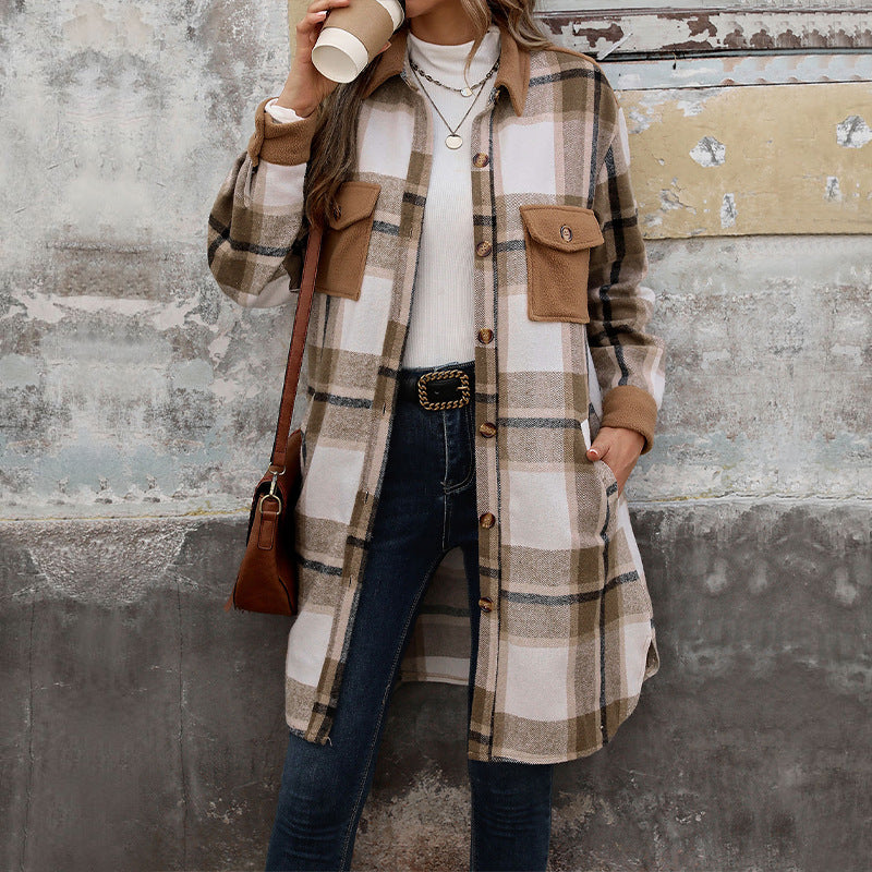 Plaid Shirt Jacket for Women - Long Button Front Coat