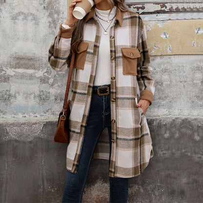 Plaid Shirt Jacket for Women - Long Button Front Coat