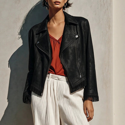 Women's Faux Suede Fringe Moto Jacket Zip Up
