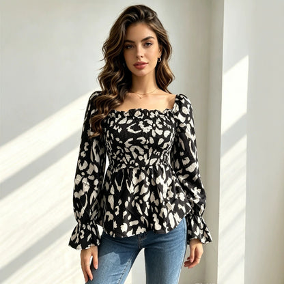 Square Neck Smocked Leopard Blouse Puff Long Sleeve
