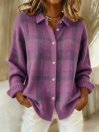 Plaid Collared Button Front Oversized Knit Cardigan