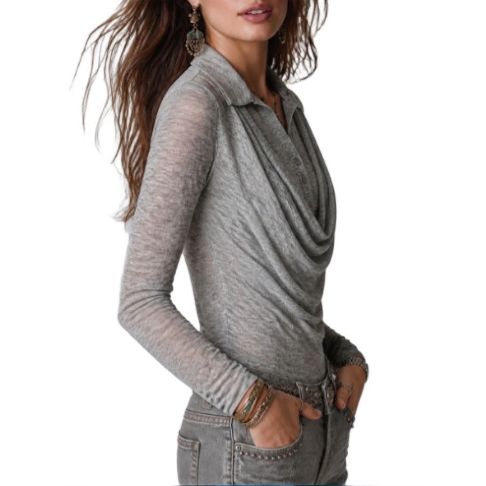 Women's Sheer Draped Button Front Long Sleeve Top