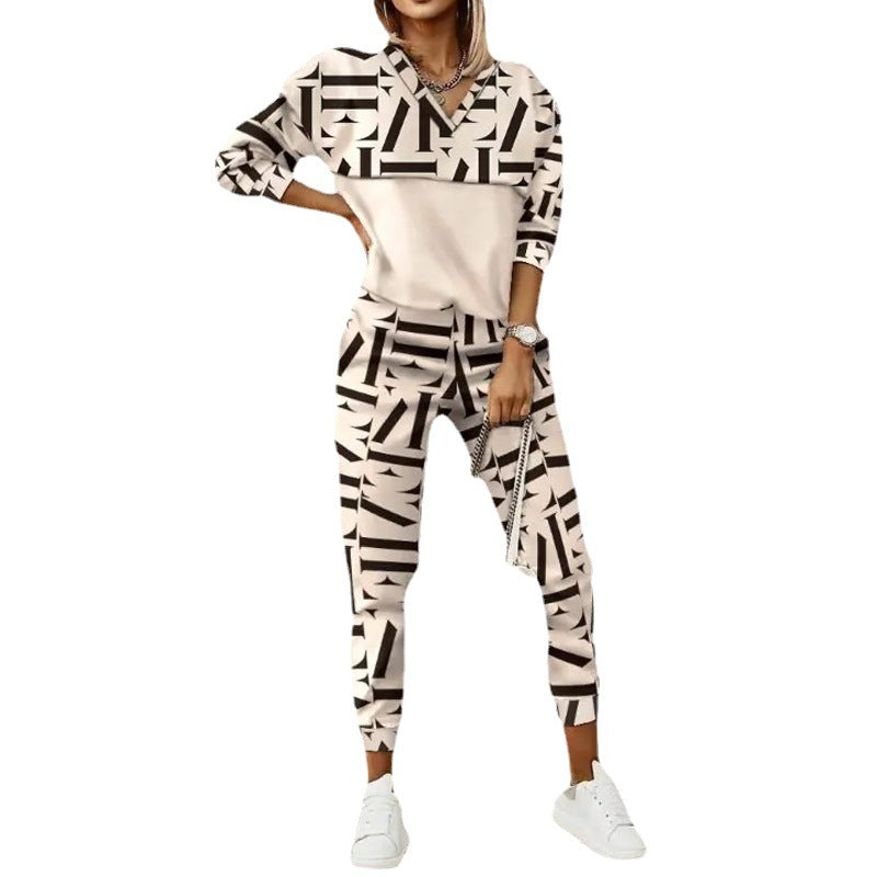 Women's Geometric Print Lounge Set Long Sleeve Top Pants