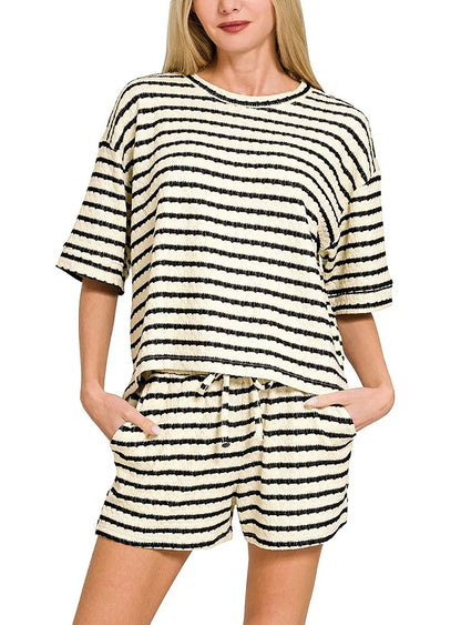 Stripe Textured Knit Lounge Set Casual Shorts Outfit