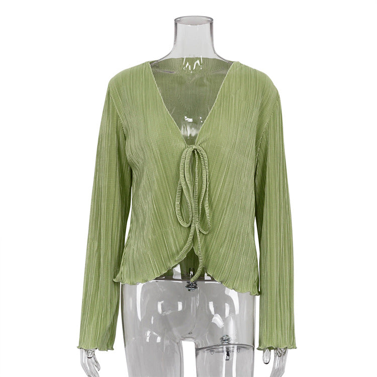 Tie Front Pleated Flare Sleeve Crop Top Blouse