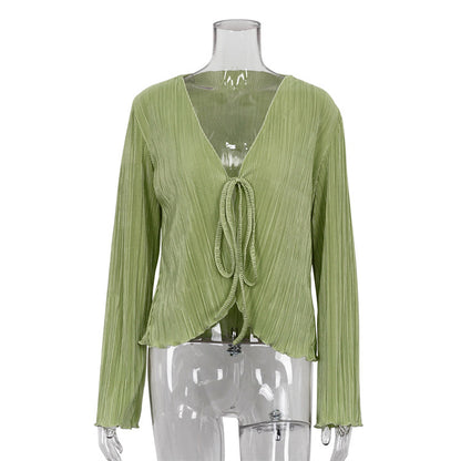 Tie Front Pleated Flare Sleeve Crop Top Blouse