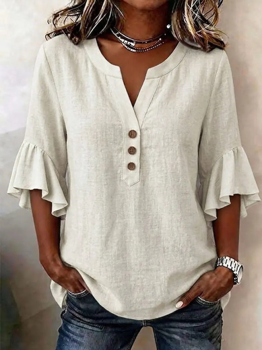 Cotton Linen Blouse V Neck Ruffle Sleeve Women's Top