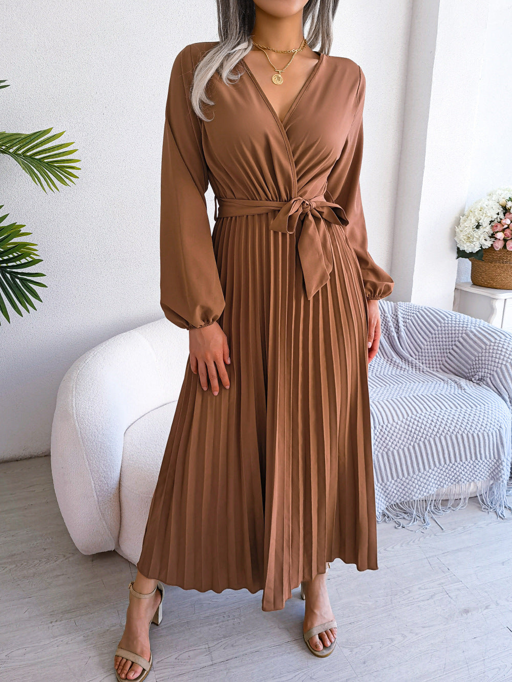 V-Neck Wrap Pleated Maxi Dress Long Sleeve Tie Waist