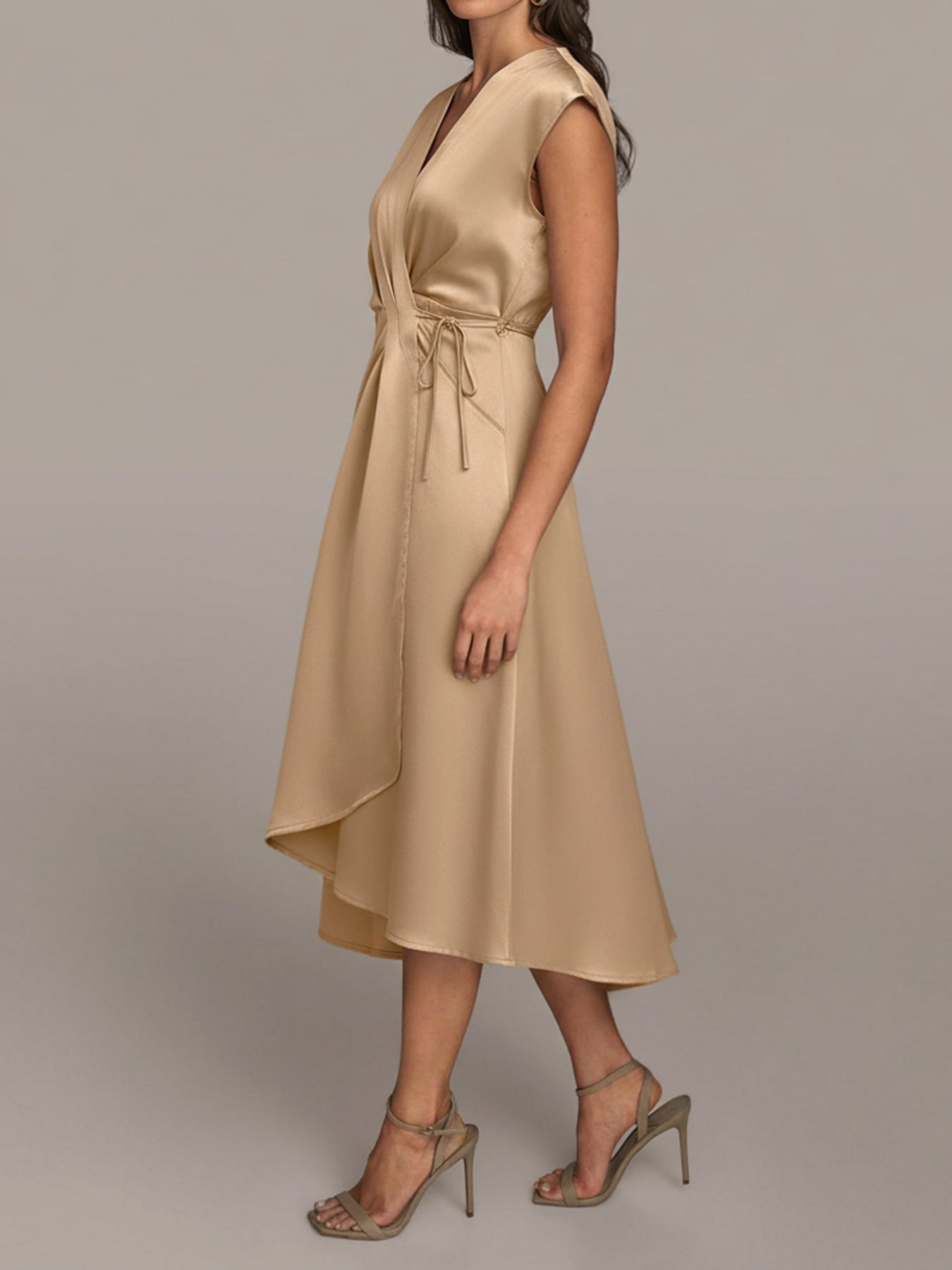 Satin V Neck Wrap Midi Dress Tie Waist Elegant