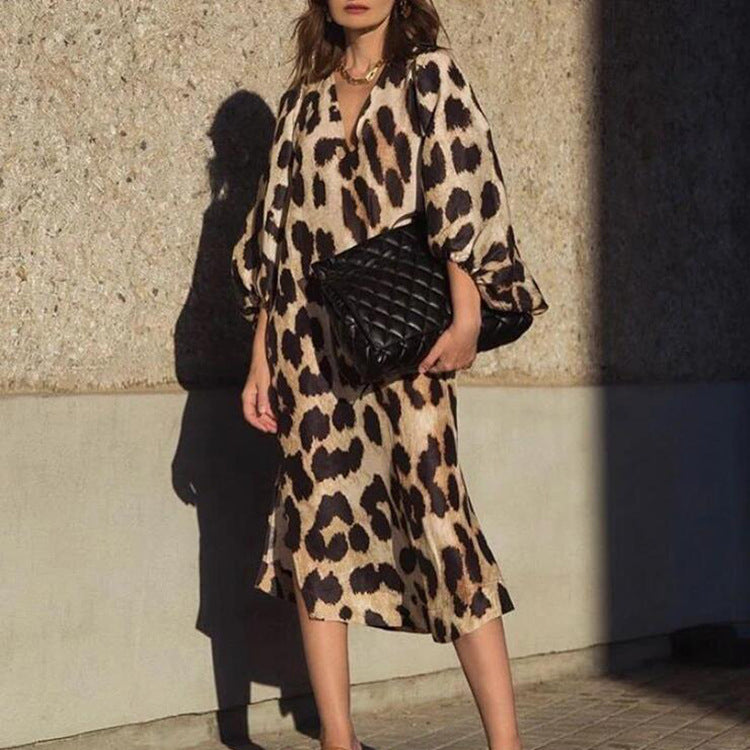 Women's Leopard Print V-Neck Balloon Sleeve Maxi Dress