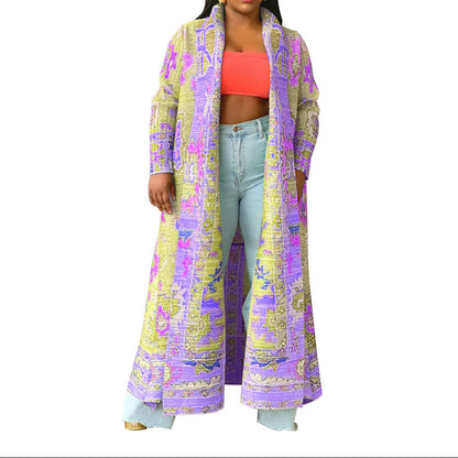 Plus Size Pleated Geometric Maxi Duster Coat