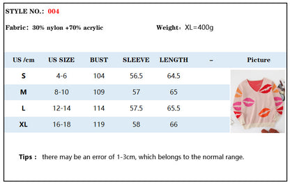 Women’s V-Neck Knit Sweater with Colorful Lip Print