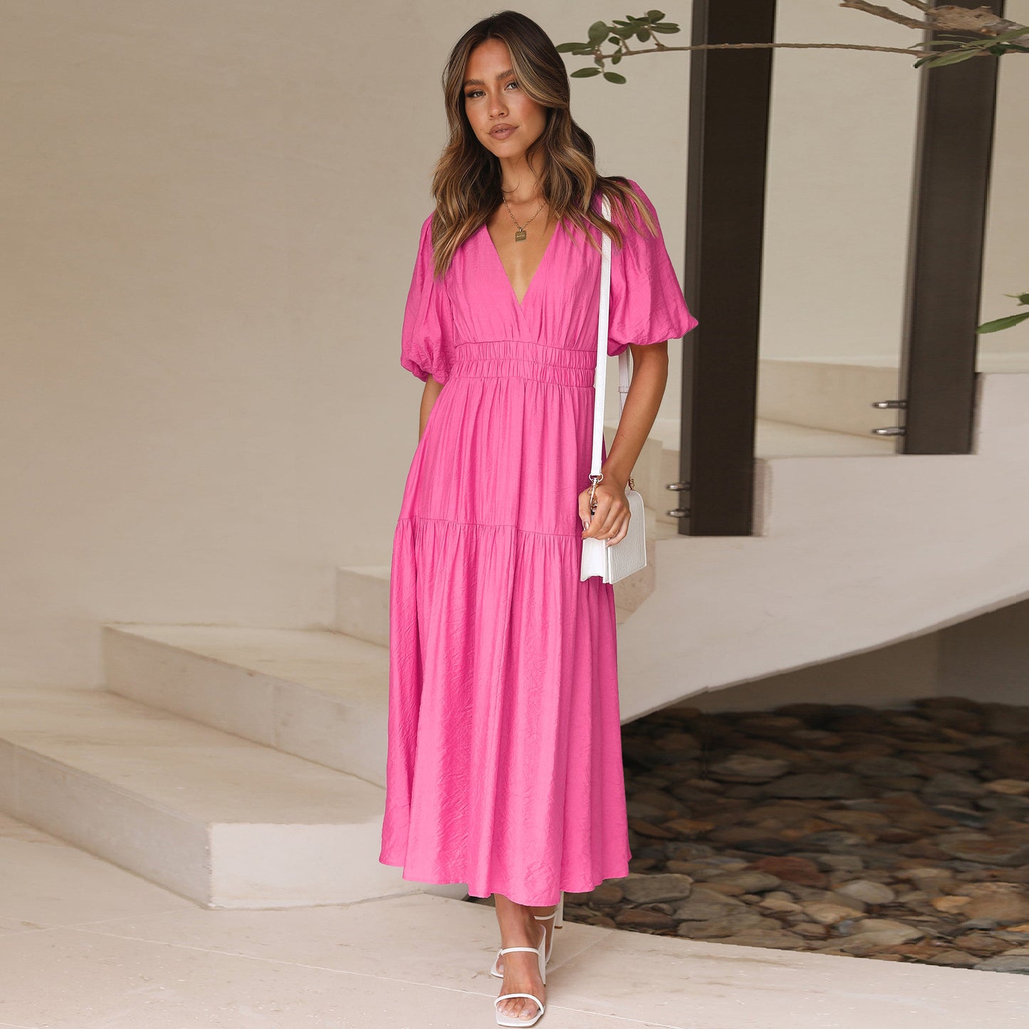 V-Neck Bubble Sleeve Holiday Dress American Fashion