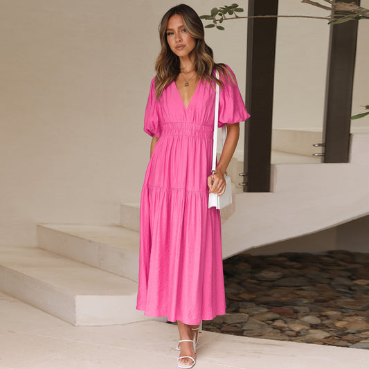 V-Neck Bubble Sleeve Holiday Dress American Fashion