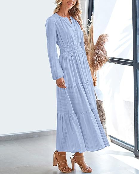 Women's V-Neck Long Sleeve Tiered Maxi Smocked Cotton Dress