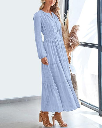 Women's V-Neck Long Sleeve Tiered Maxi Smocked Cotton Dress