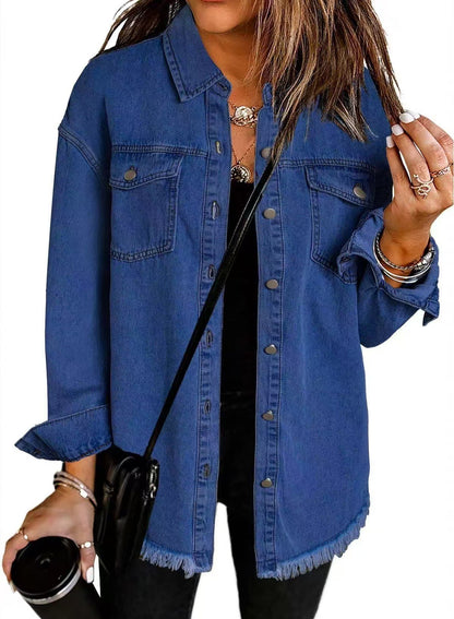 Women's Oversized Denim Shacket Frayed Hem Jacket
