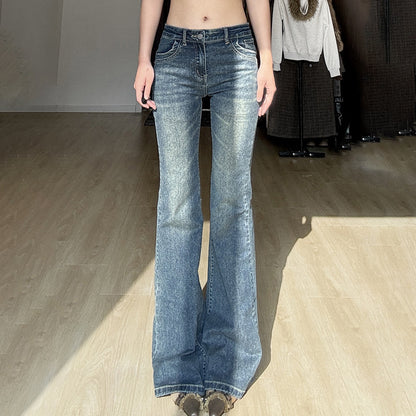 Women's Y2K Low Rise Cargo Flare Jeans Vintage Wash