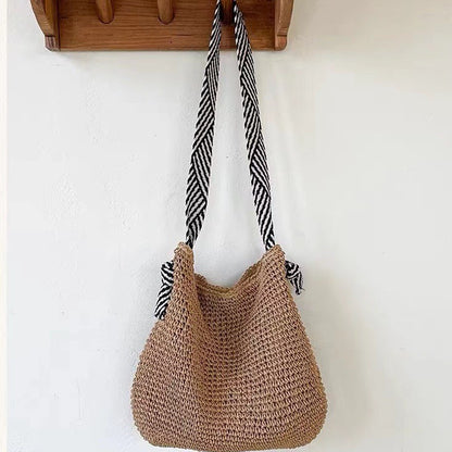 Striped Strap Straw Shoulder Bag Beach Tote for Women