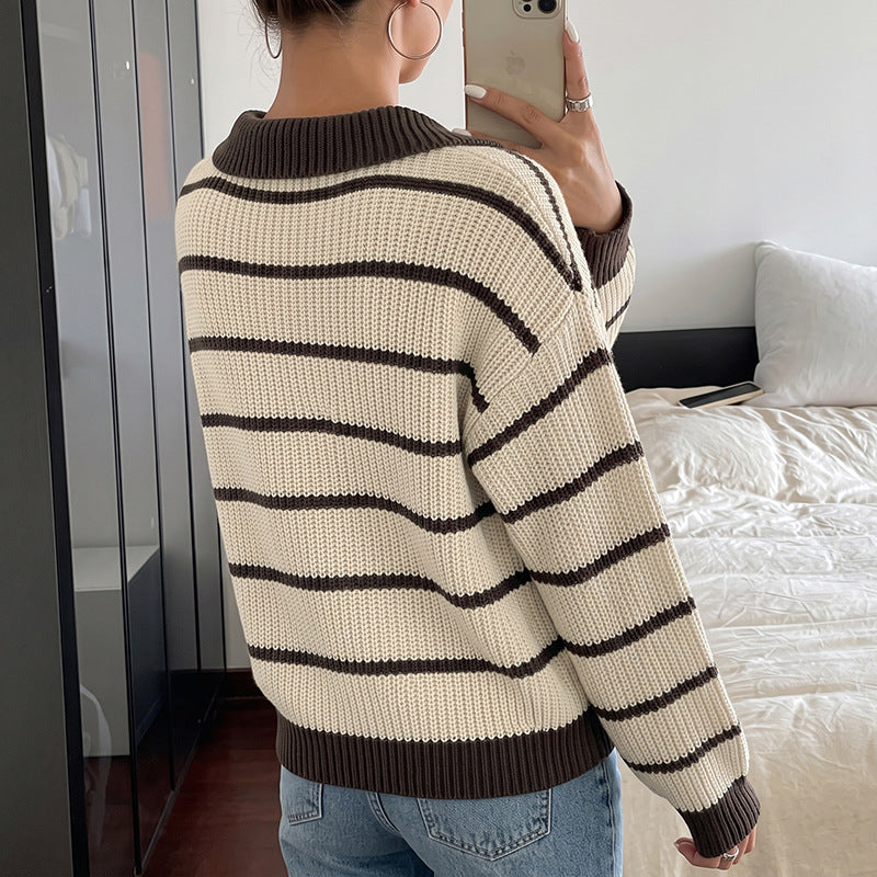 Striped Polo Sweater Contrast Trim Relaxed Fit