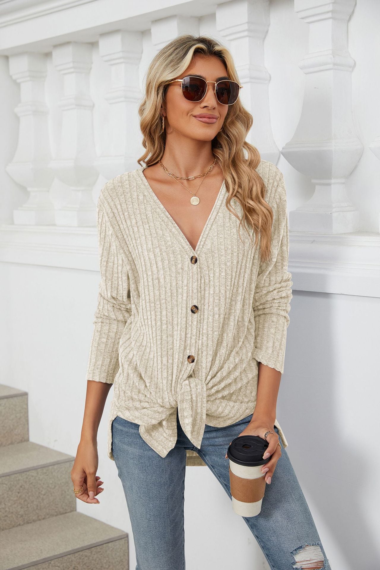Womens V Neck Tie Front Button Up Long Sleeve Knit Cardigan