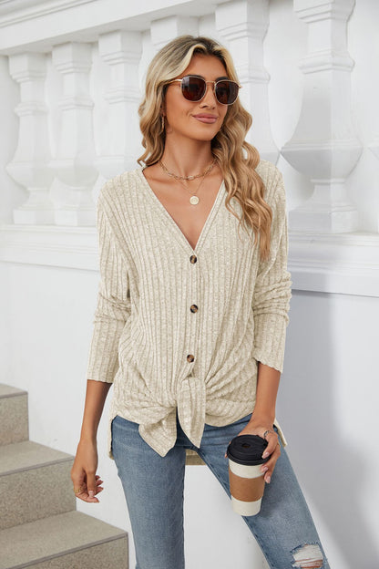Womens V Neck Tie Front Button Up Long Sleeve Knit Cardigan