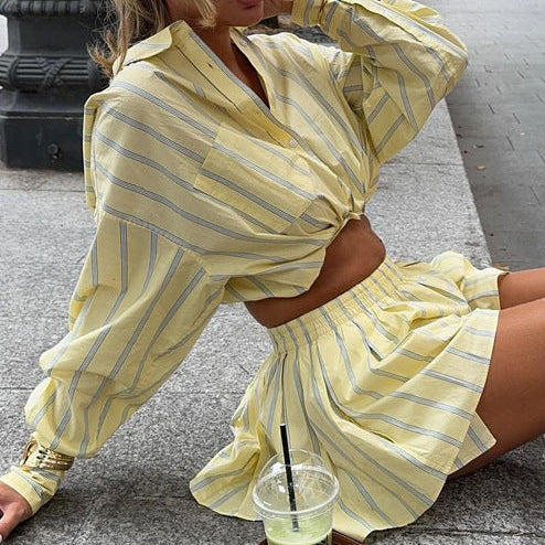 Women's Striped Crop Shirt & Shorts Matching Set