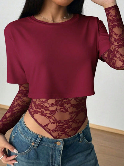 Lace Patchwork Bodysuit Top Women Sexy Crop Tee Shirt